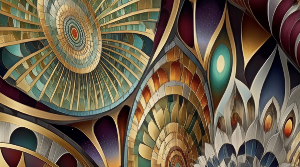 Golden fractal spirals and nautilus shells emerge from the forest floor in a psychedelic screensaver for shrooms.